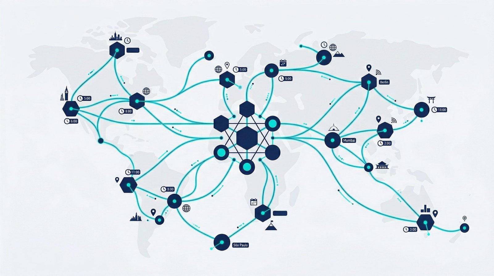Remote salesforce team management showing distributed global network of connected team members with tools and communication channels
