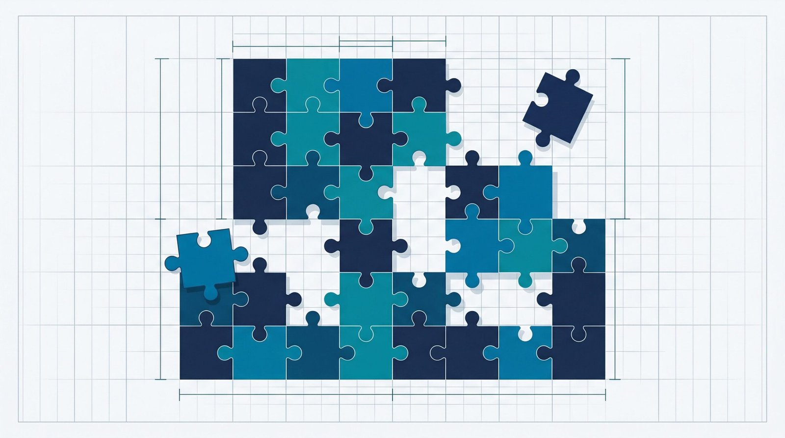 Salesforce implementation staffing team assembly showing project roles and hiring timeline on a blueprint grid